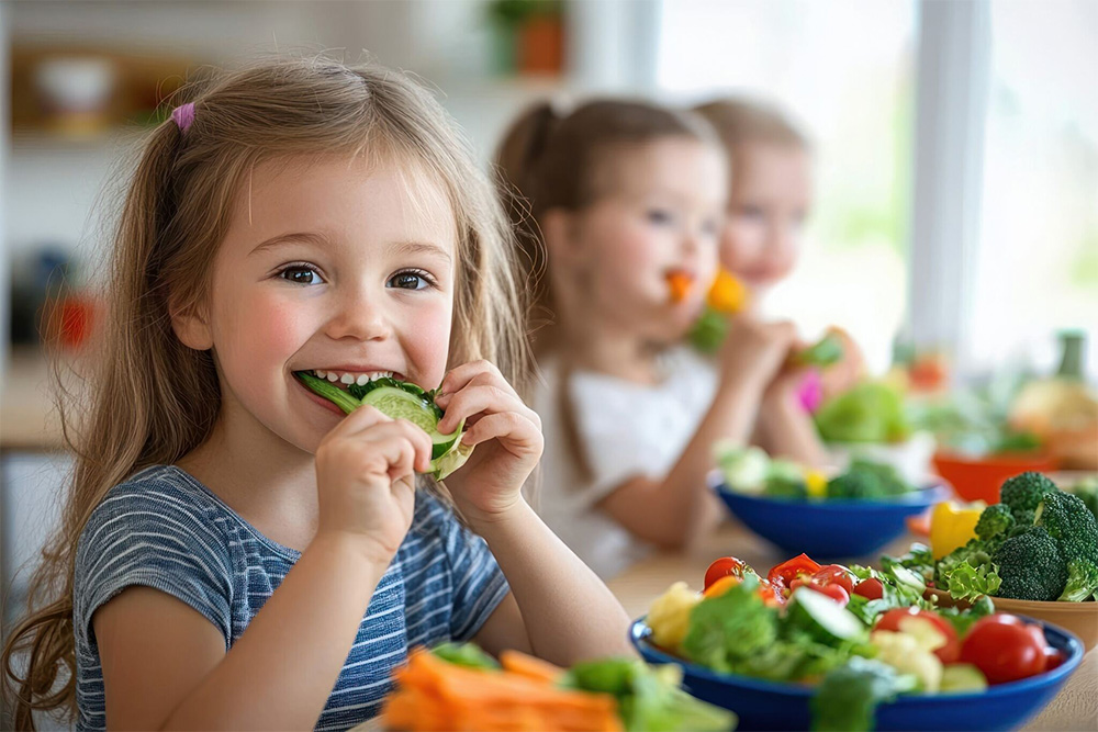Bambini sorridenti che mangiano verdure